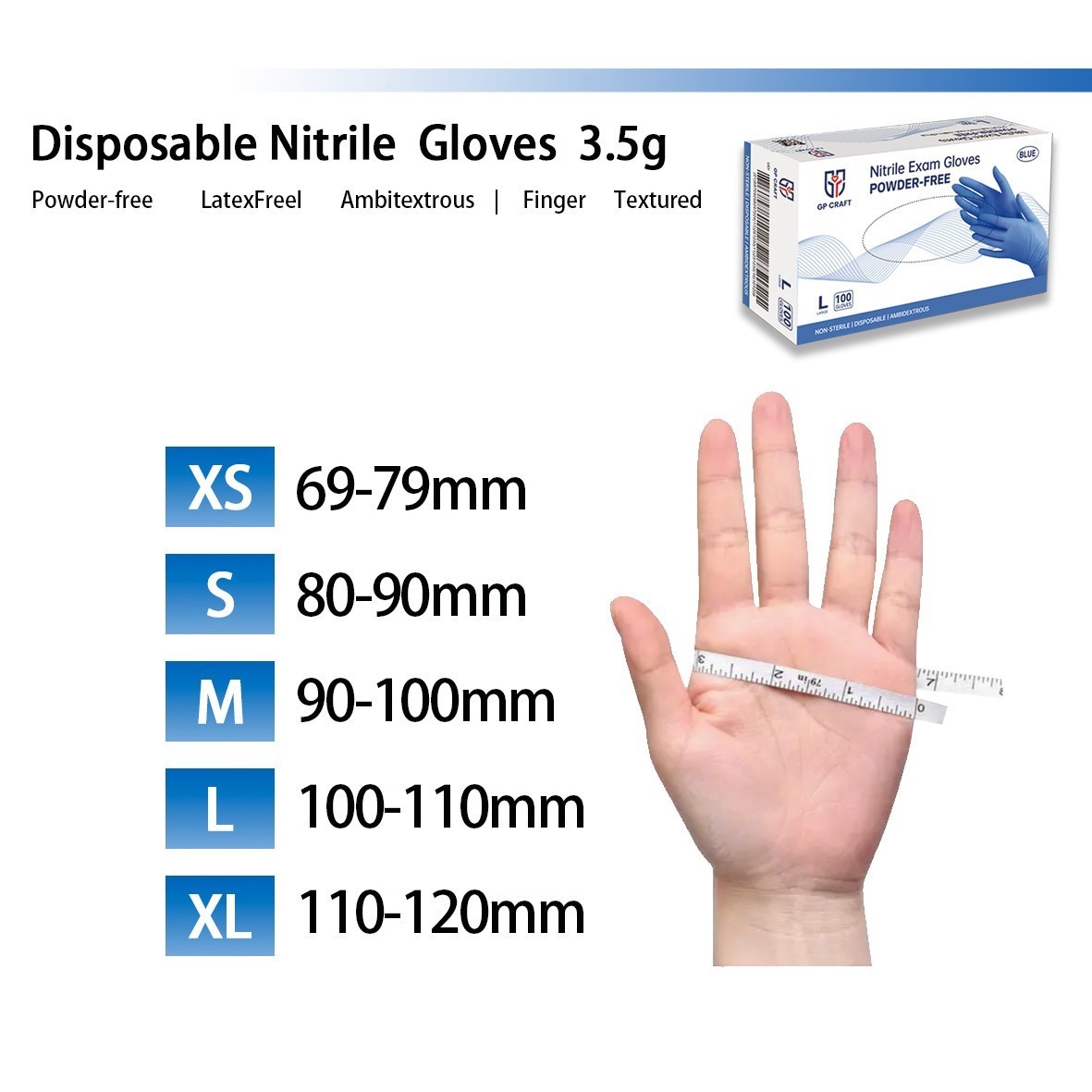 GP Craft Blue XS Nitrile Gloves 3.5 Mil Latex-Free Medical Grade 100 Count