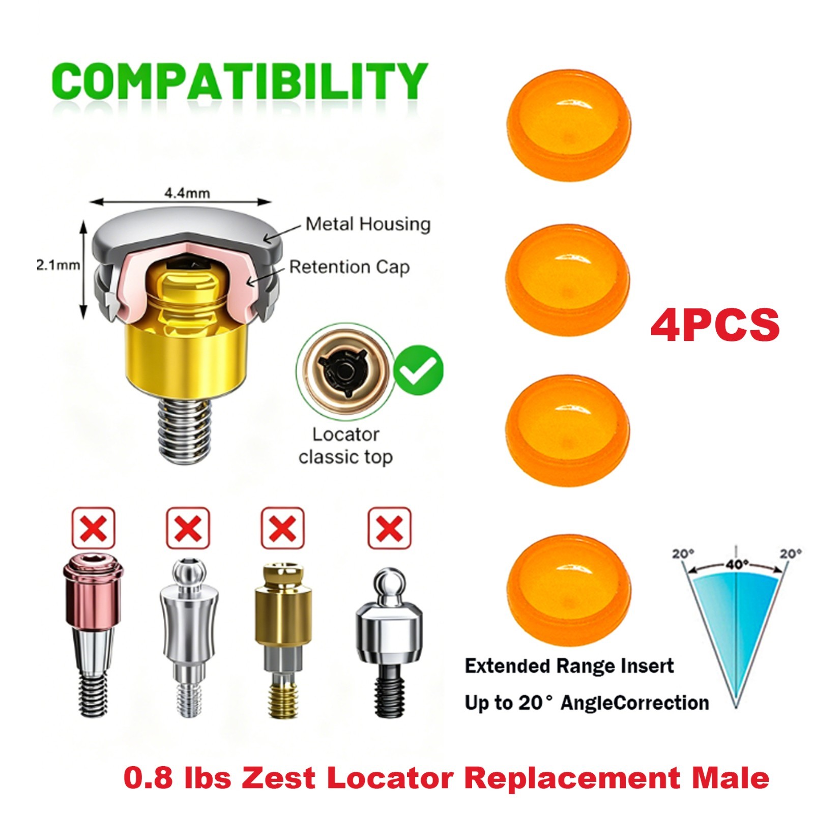 US Dental Zest Locator Retention Caps 0.8/1.2/2.4lbs & Core Tool Kit Overdenture