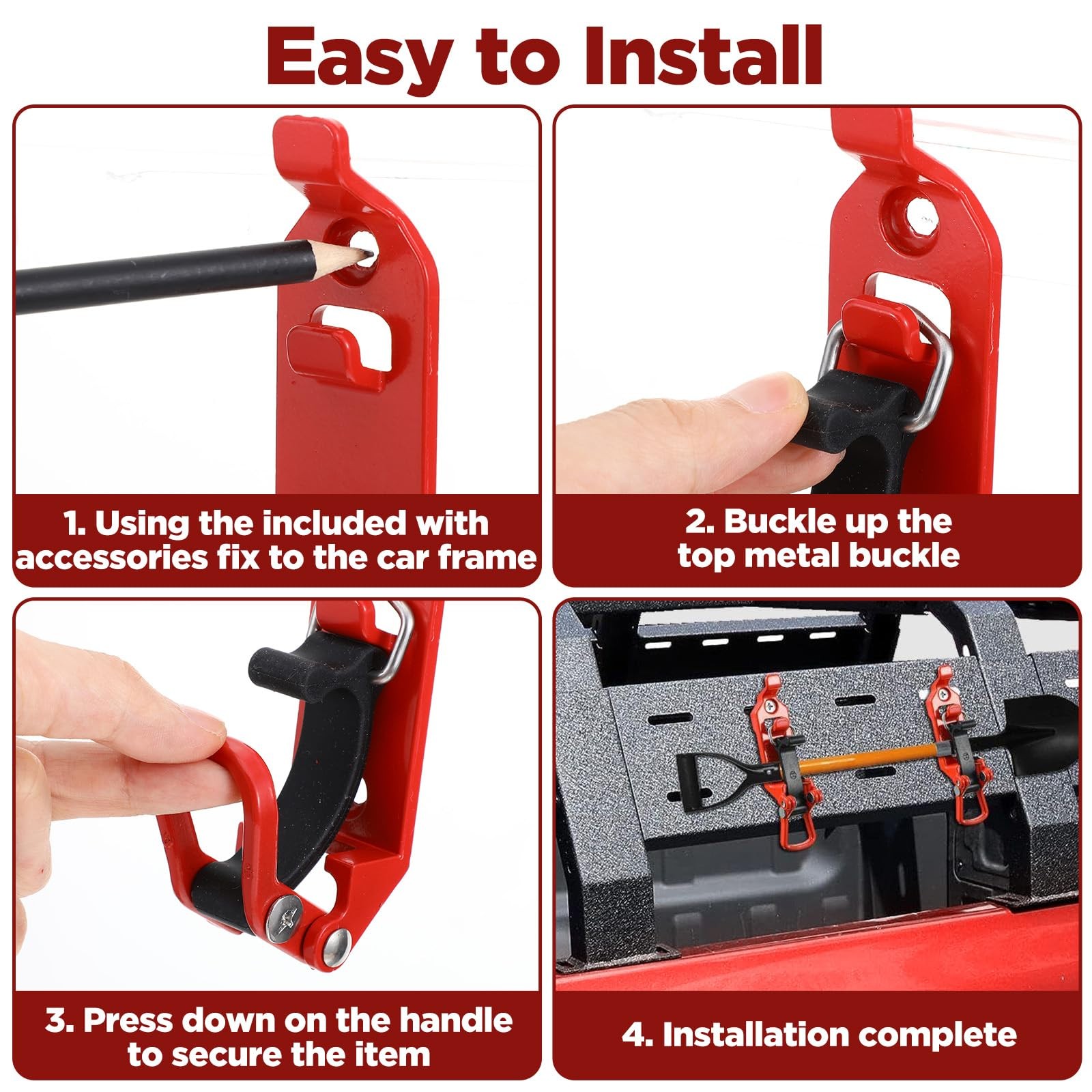 PercyEffie 4 Pcs Shovel Mount Heavy Duty Mounts for Roof Rack Red