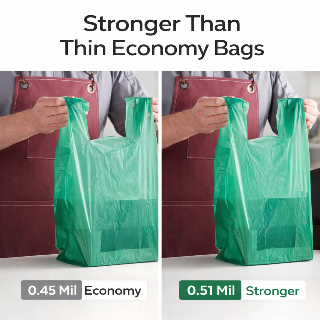 Bags 1/6 Large 21 x 6.5 x 11.5 Green T-Shirt Plastic Grocery Shopping Bags F&S
