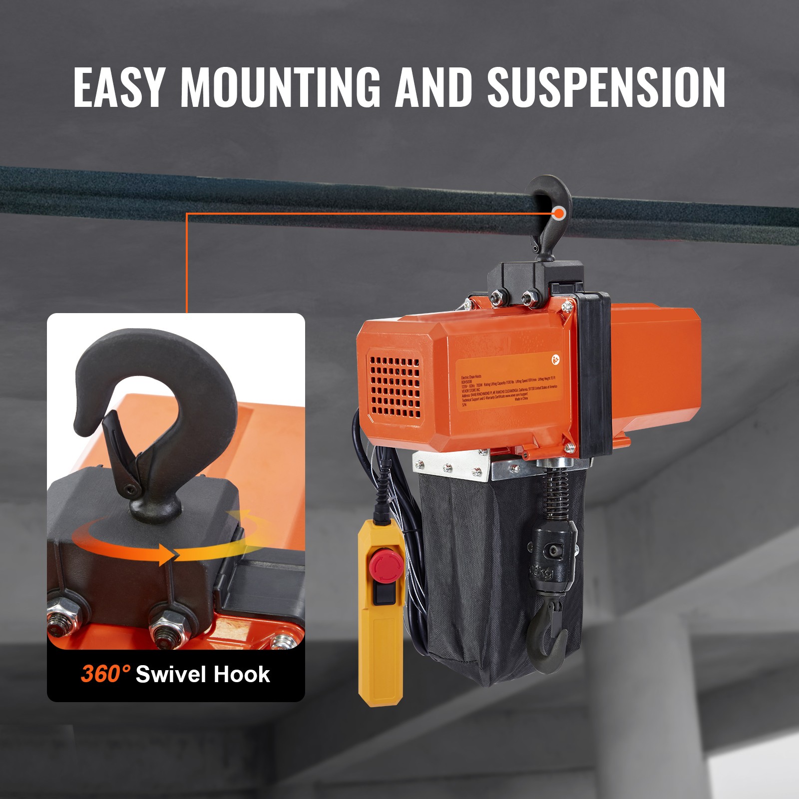 VEVOR Electric Chain Hoist Single Phase Crane Hoist 1100 lbs Load 15 ft Lifting