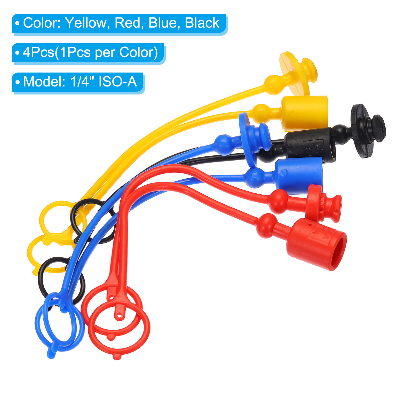 4Pcs/Set Rubber Hydraulic Coupler Dust Cap 1/4″ ISO A, Yellow/Red/Blue/Black