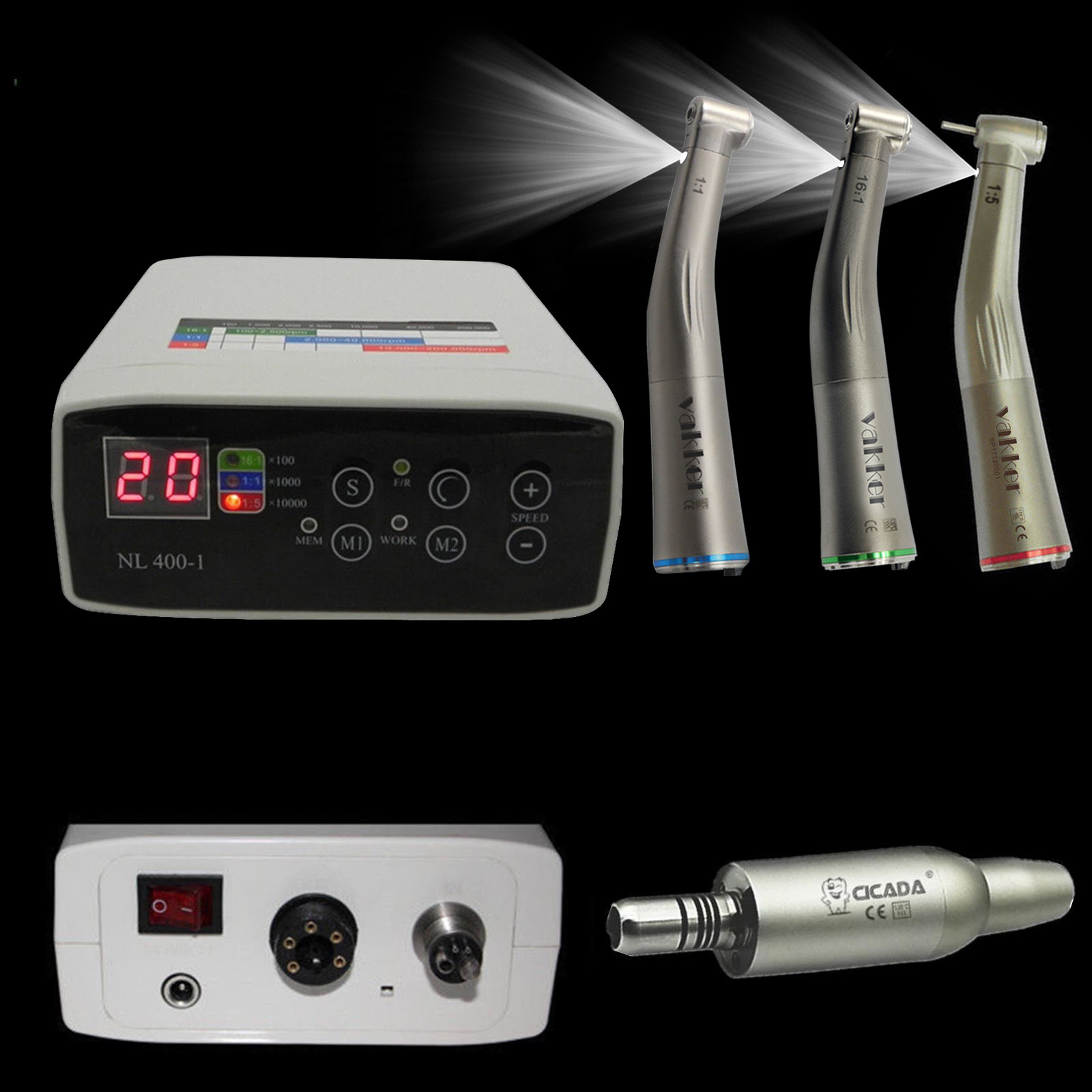 CICADA Dental LED Brushless Motor + 1:1/1:5/16:1 Contra Angle Handpiece 4 Hole