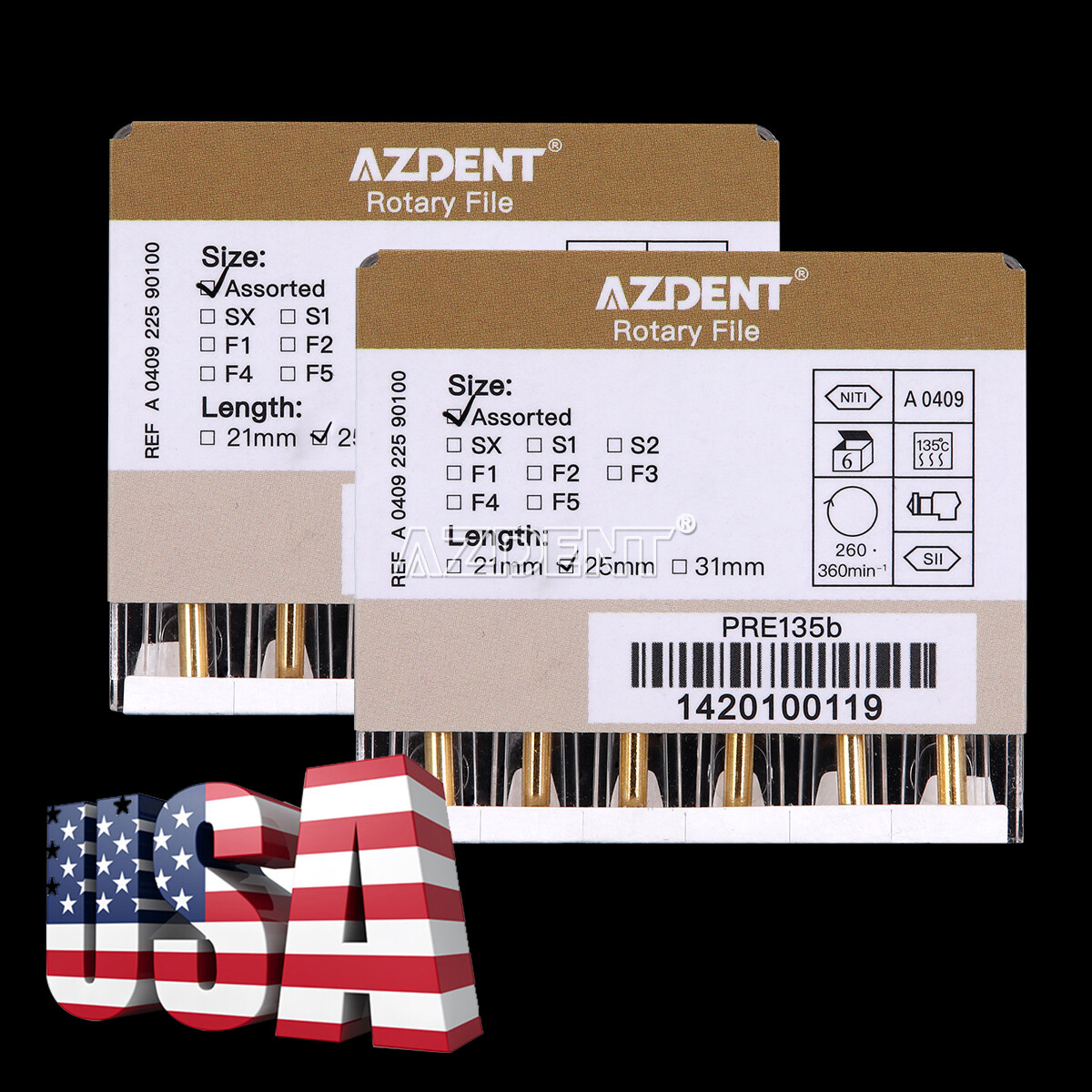 AZDENT Dental Endodontic Gold Taper NITI Rotary Files Engine Use 25mm 6PCS/Packs