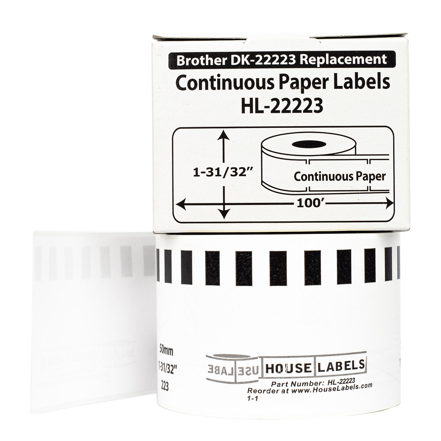 Non-OEM Fits BROTHER DK-2223 Continuous Labels (1-31/32″ x 100 feet) (12) Rolls