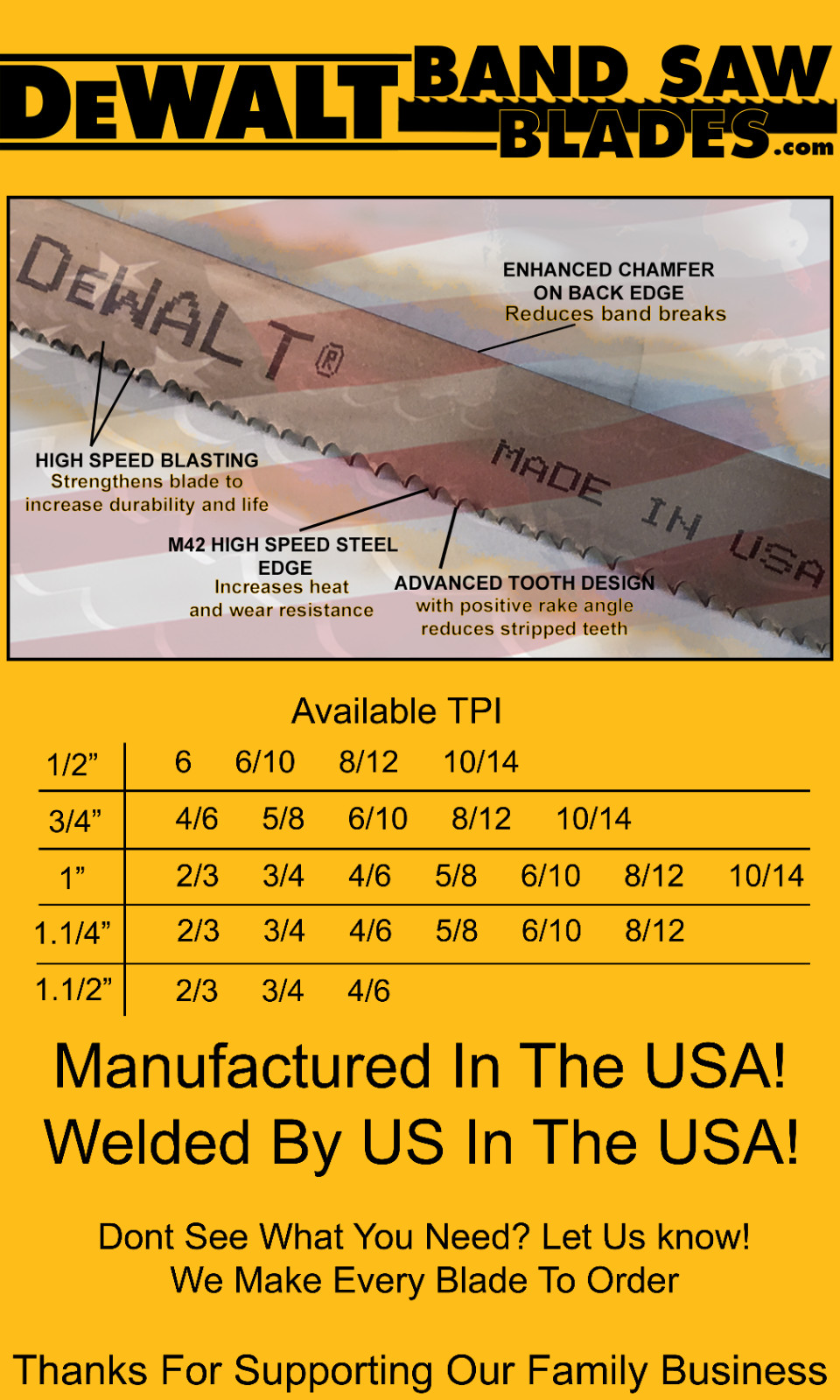 (97″) 8′-1″ x 3/4″ x .035 x 6/10 DeWalt M42 Bi-Metal Band Saw Blade 1 Pcs