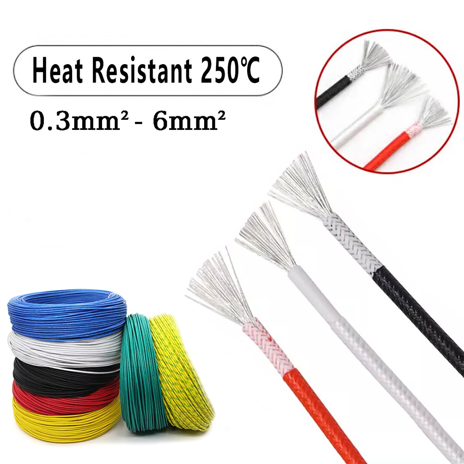 Heat Resistant Fibreglass Wire 0.3mm²-6mm² Appliance Cable High Temp Spares