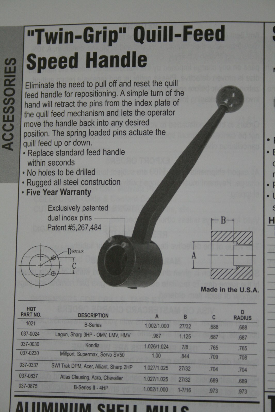 Twin Grip Quill Feed Speed Handle Multiple Mills “NEW”