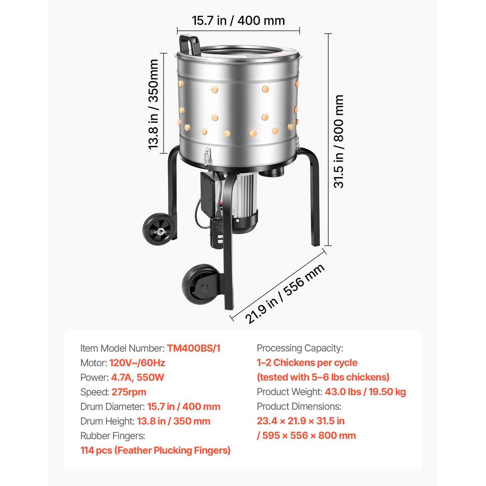 Uimoso 15.7″ Electric Poultry Plucker Machine 550W, 275RPM, 114 Fingers, Wheels