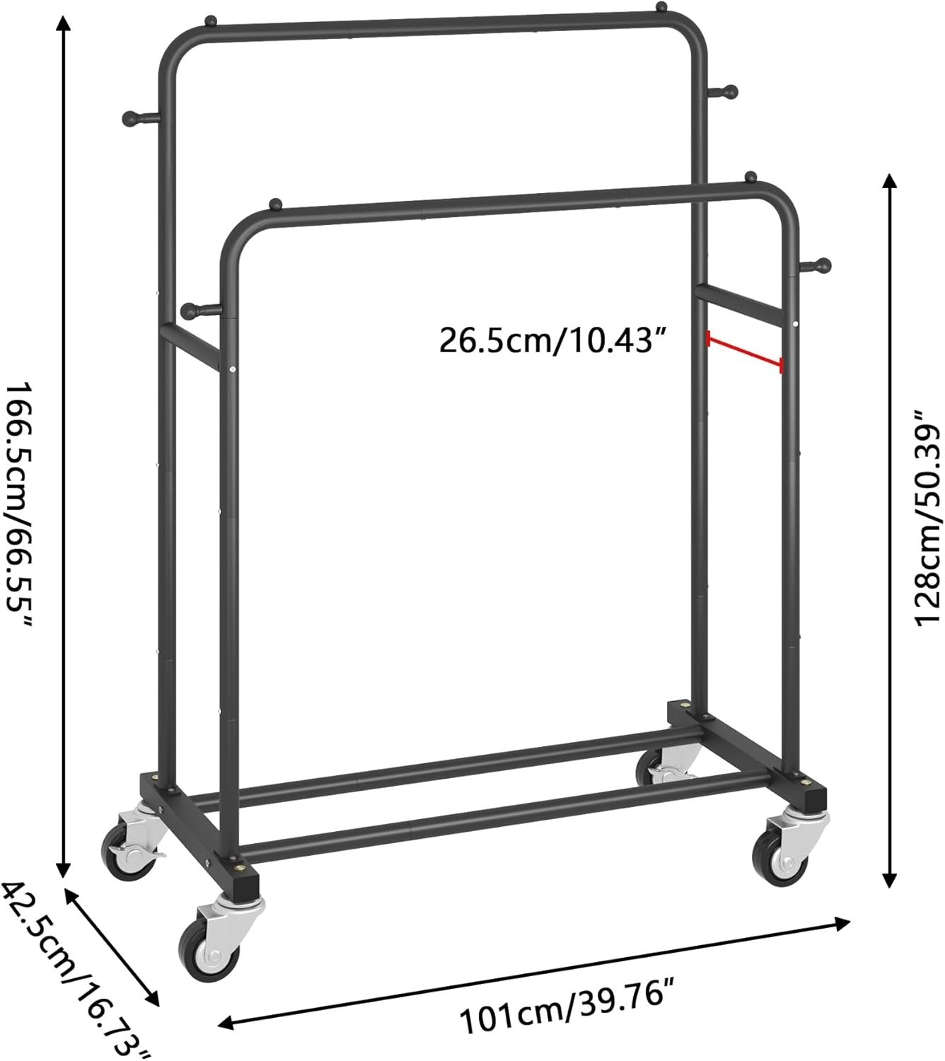 Black Double Rods Garment Rack with Wheels – 150lbs Capacity