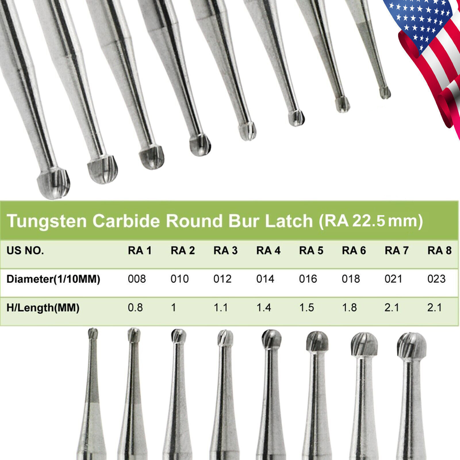 Dental Round Latch Carbide Bur RA 1 2 3 4 5 6 7 8 Midwest For Slow Low Speed ty