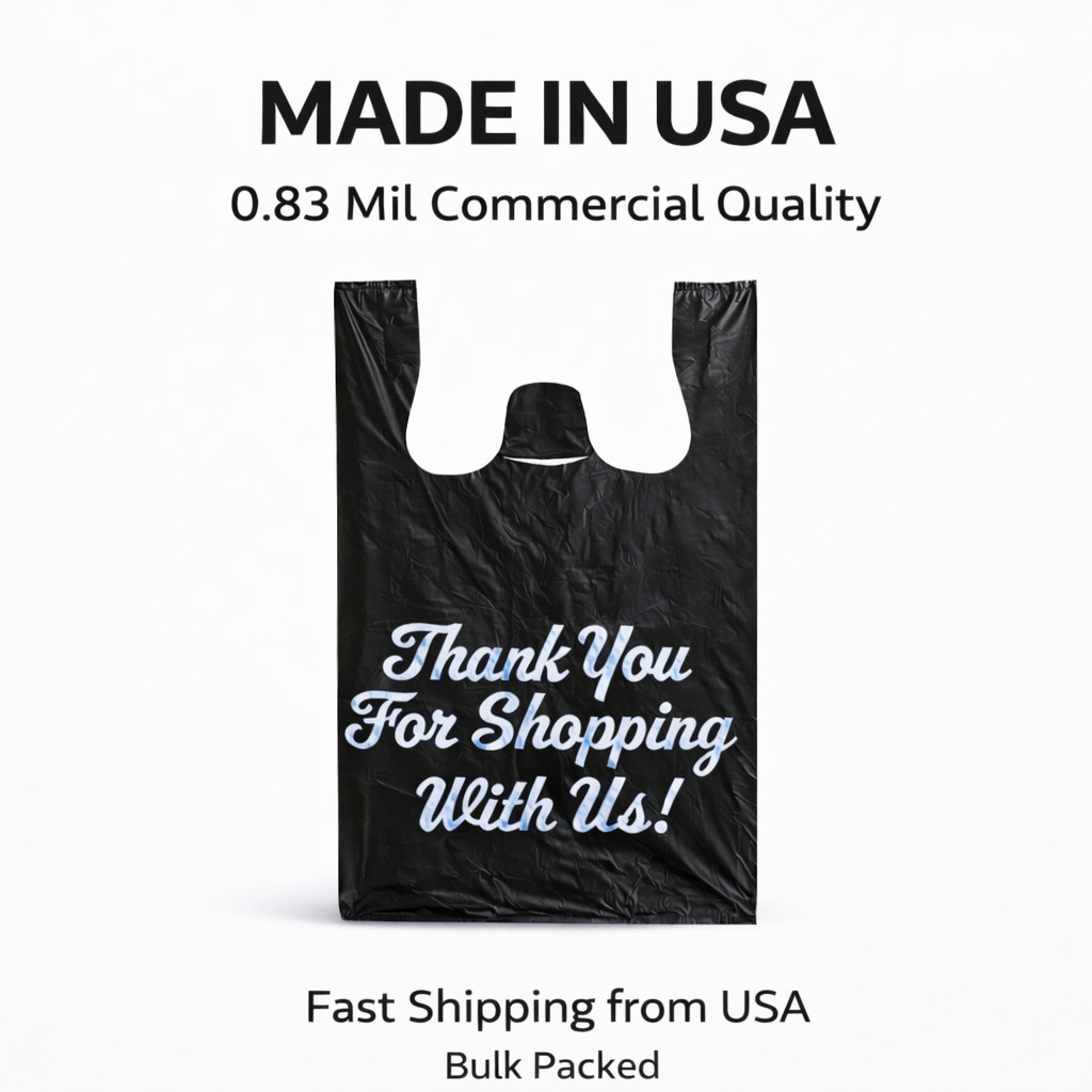 Large Size Black “Thank You” Script Heavy-Duty Plastic T-Shirt Bag 13″x23″x10″