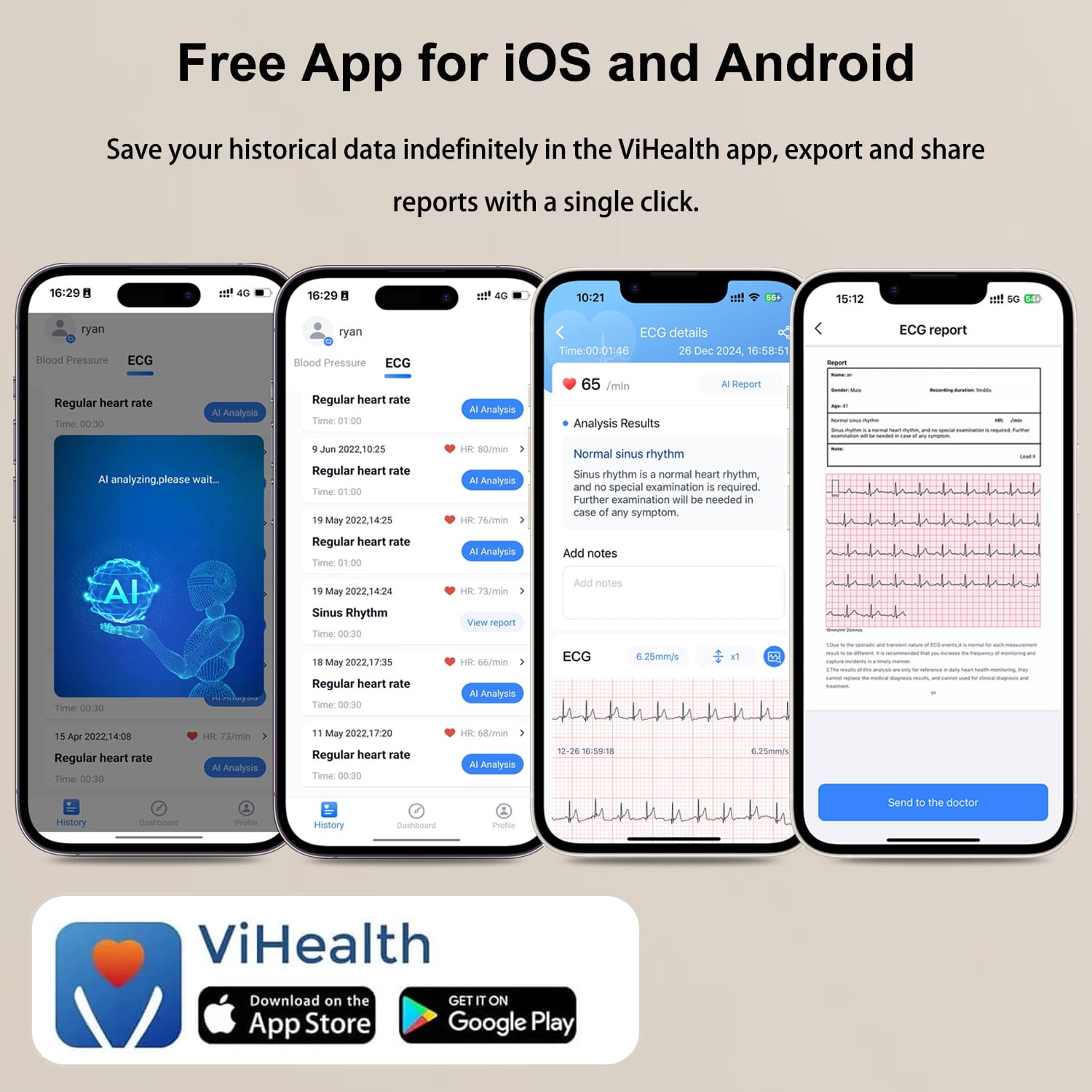 ECG EKG Monitor 30s/60s/5min Recording AI-ECG Analysis Report in App PC Software