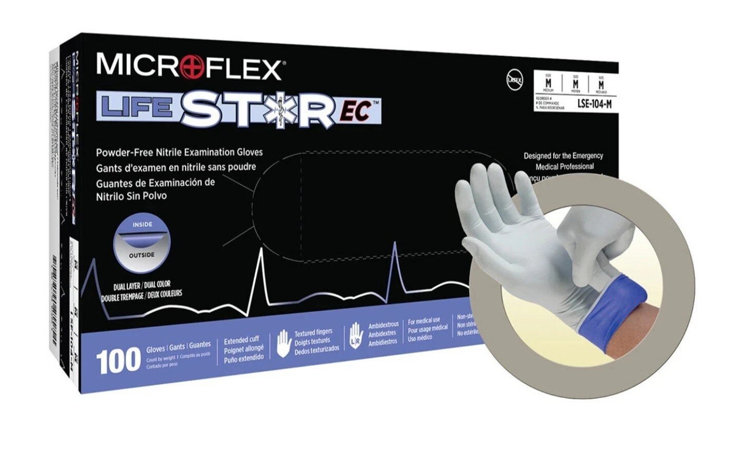 Ansell MicroFlex LIFESTAR EC PF Gloves LSE104 Sizes M,L Box of 100 Extended Cuff