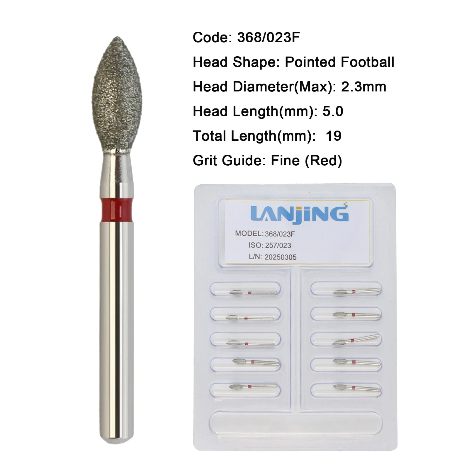 Dental Diamond Burs Football FG 368/023F Fine Grit Red High Speed Friction Grip