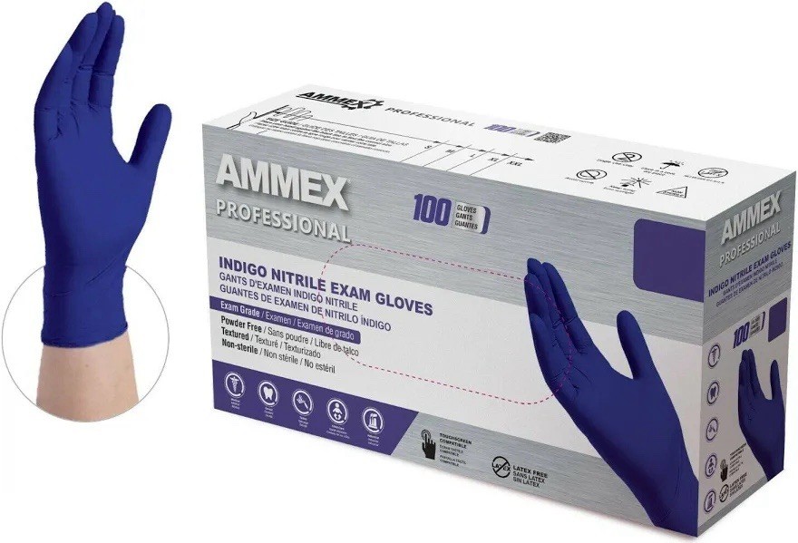 AMMEX Indigo Nitrile Disposable Exam/Medical Gloves 3 Mil Latex-Free, Box of 100