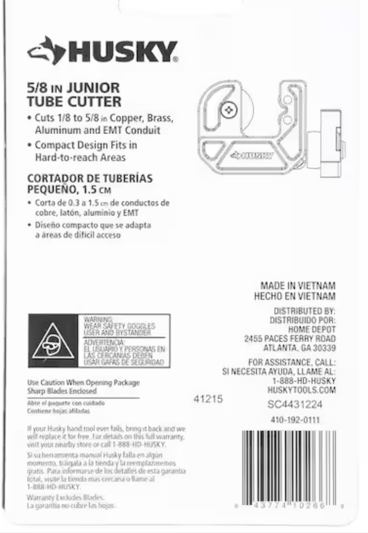 HUSKY 5/8 in. Junior Tube Cutter for Copper, Brass, Aluminum, Model: 80-511-111