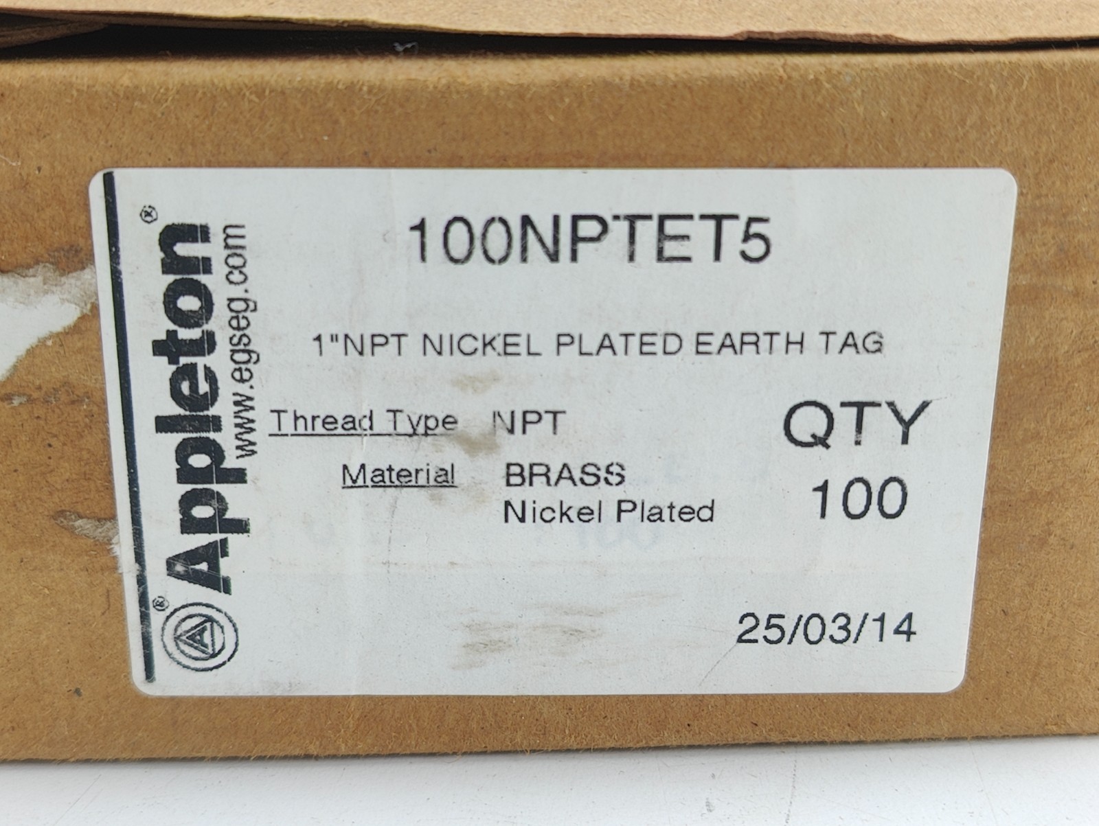 NEW BOX OF 100 pcs. 1″ NPT NICKEL PLATED BRASS EARTH TAG, 100NPTET5