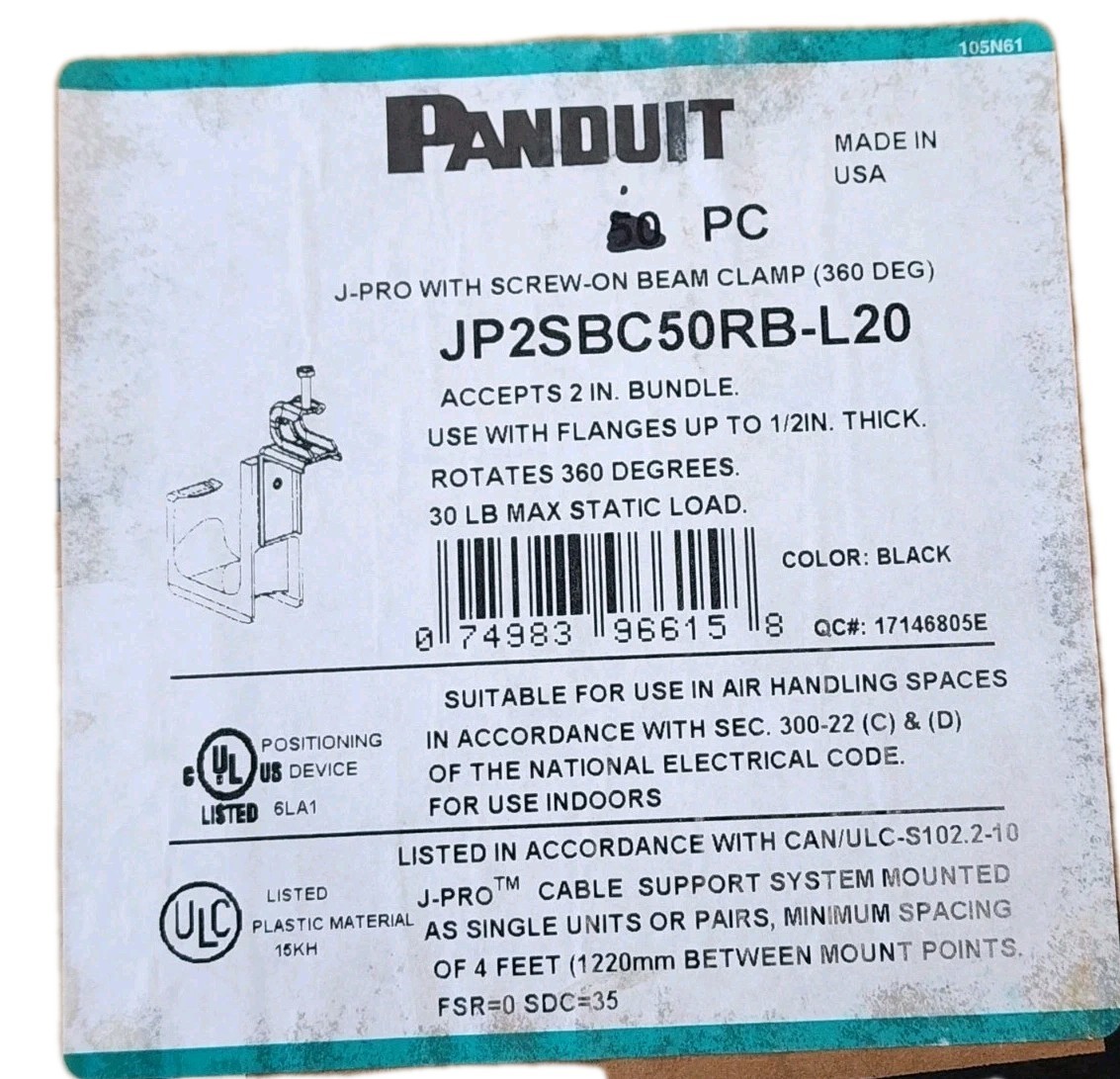 Lot of 2 Panduit J-Pro JP2SBC50RB-L20 J-Hook with 360° Screw-On Beam Clamp Black