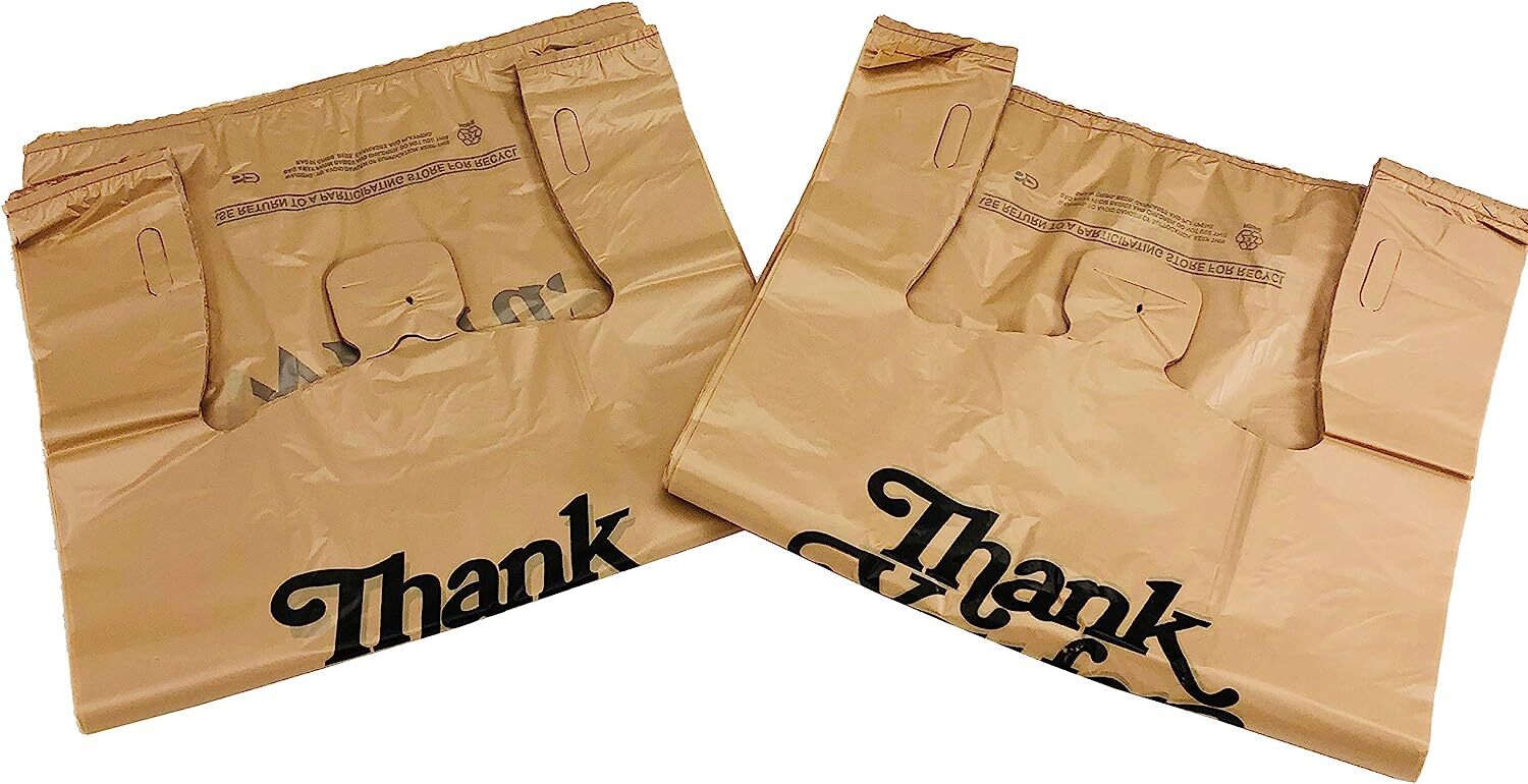 Choice 1/6 Standard Size Beige “Thank You” Script Heavy-Duty Plastic T-Shirt Bag