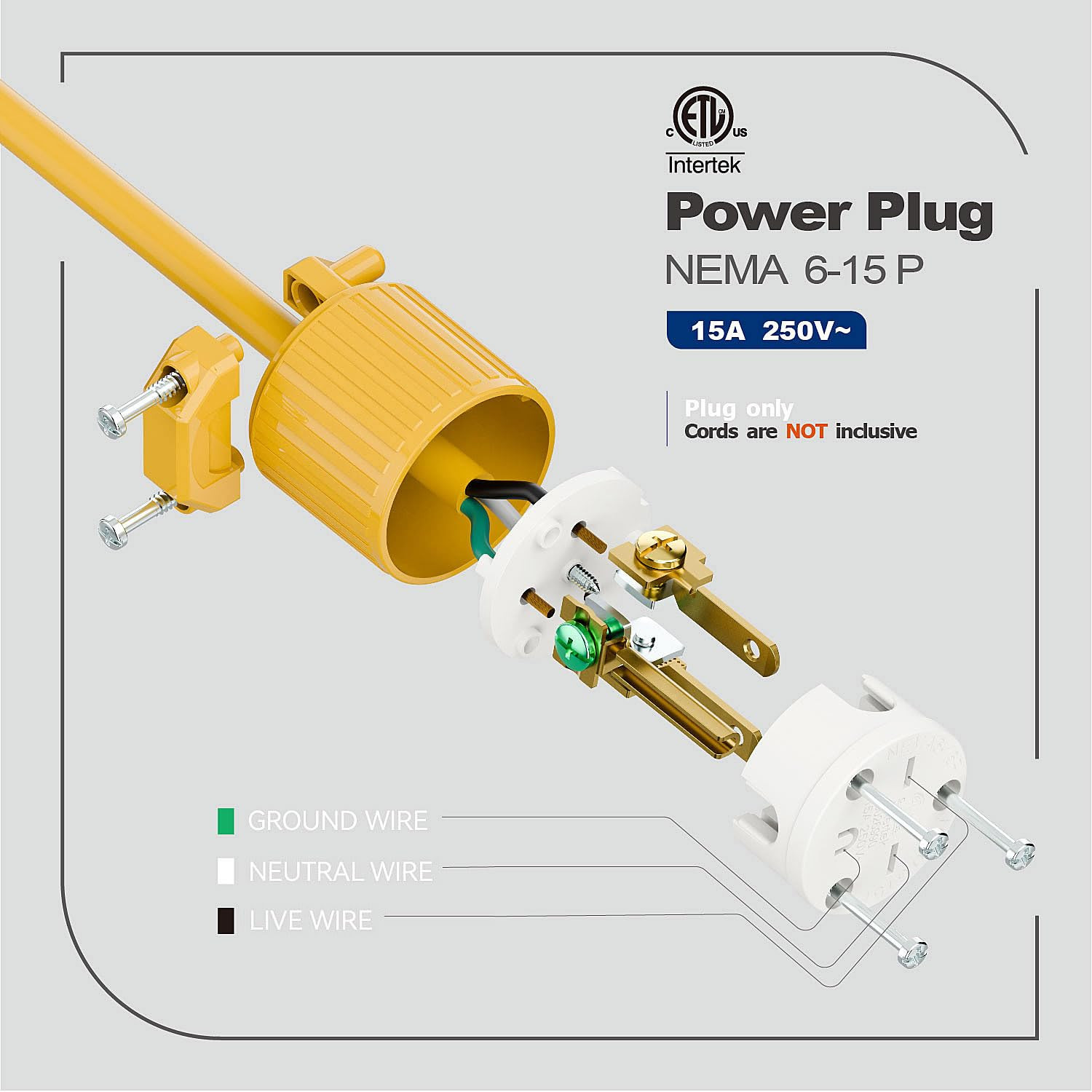 NEMA 6-15P Male Plug, ETL Listed 15AMP/250VOLT,15A Straight DIY Male, Usa/Canada