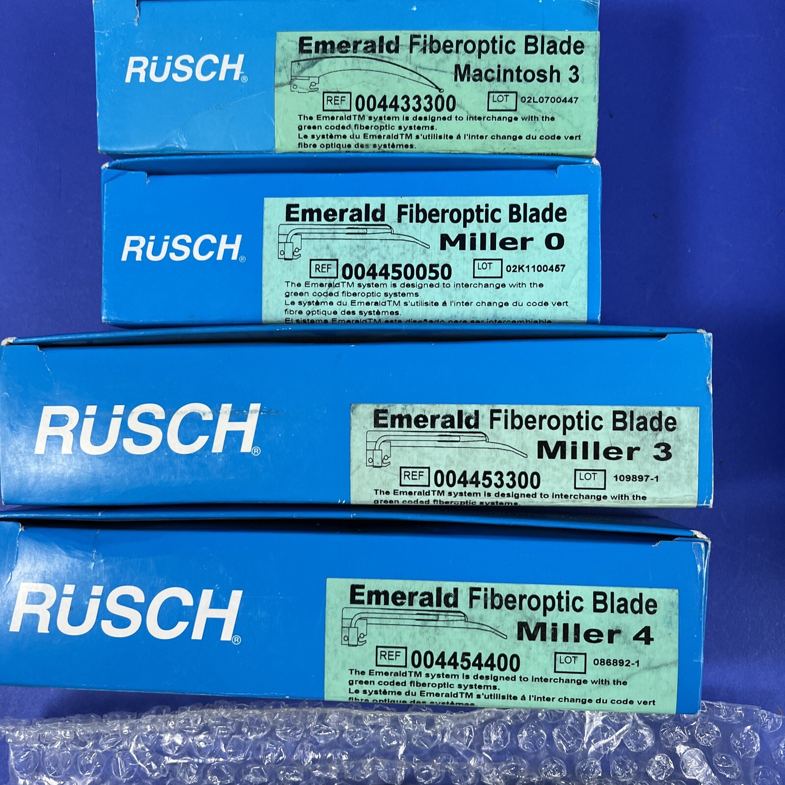 Rusch Emerald Fiberoptic Laryngoscope Blade Mil Size 0, 3 & 4 & Mac 3 lot of 4