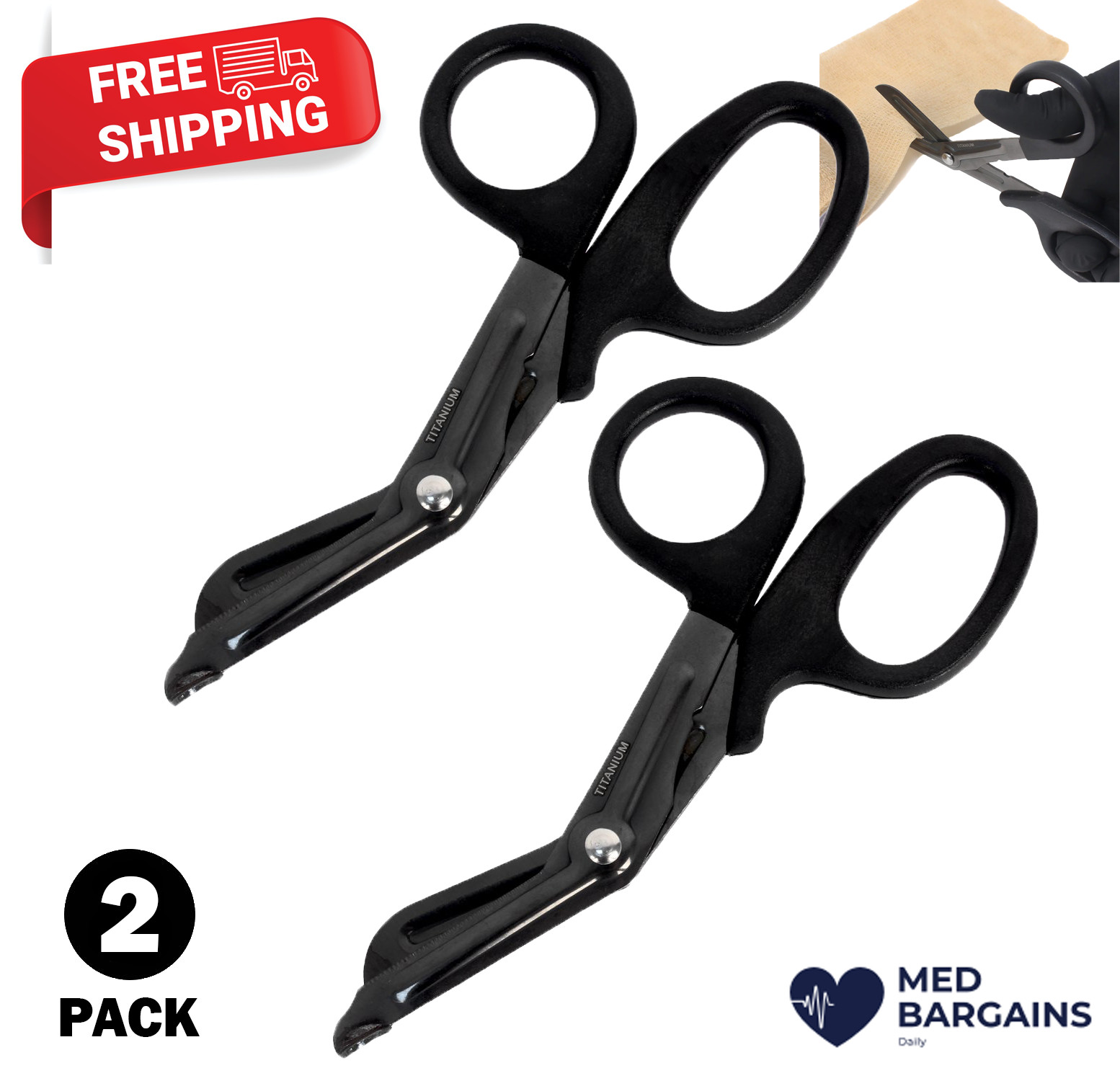 Titanium Bonded Bandage Shears Scissor 7 1/4″ Bent Tactical Stealth Black – 2CT
