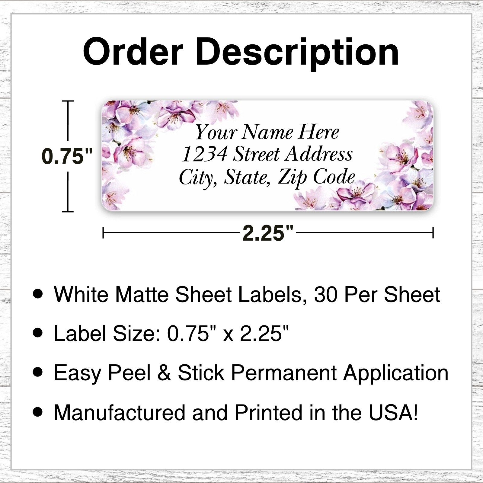 60 Return Address Labels Personalized Printed 3/4 x 2 1/4 Corner Cherry Blossoms