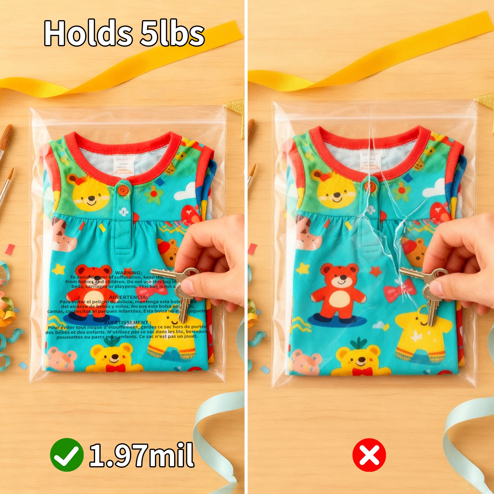 Clear Poly Bags with Suffocation Warning Self Seal Merchandise Packaging For FBA