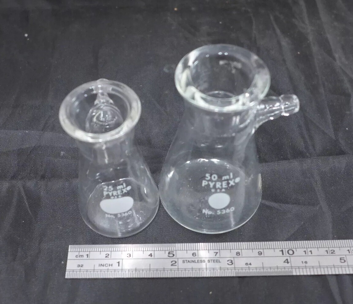 Bundle of 2 || CORNING Pyrex Micro Filtering Flasks, 25mL/50mL, glass barb #5360