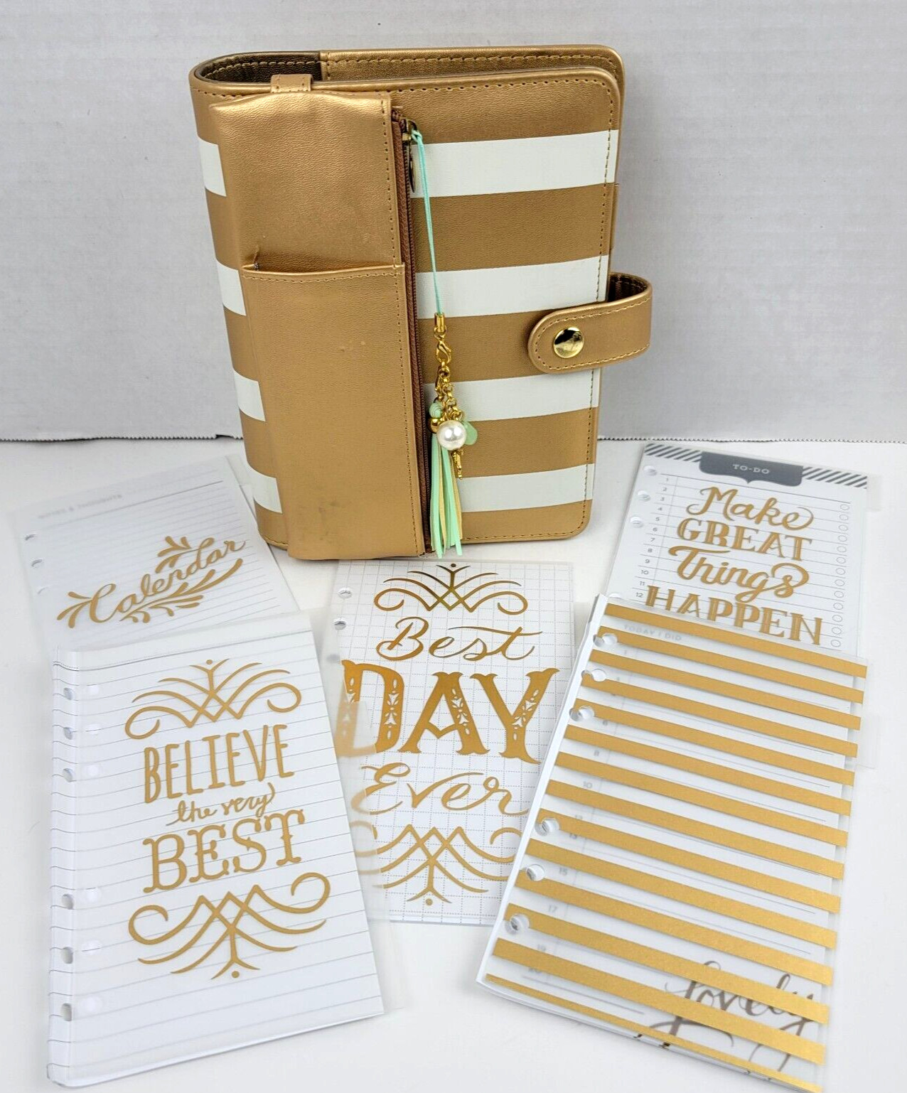 Metallic Gold White Stripe Snap Planner Pencil Pouch Stork Tassel Tabs Pages 6×8