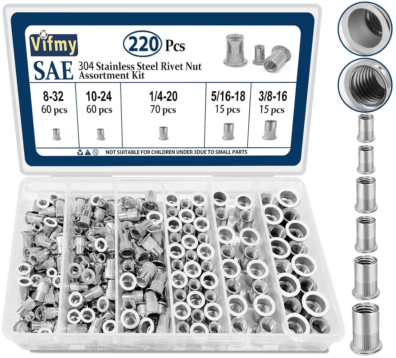 Rivet Nut Assortment Kit, 220 Pcs, Flat Head, 304 Stainless Steel, Various Sizes
