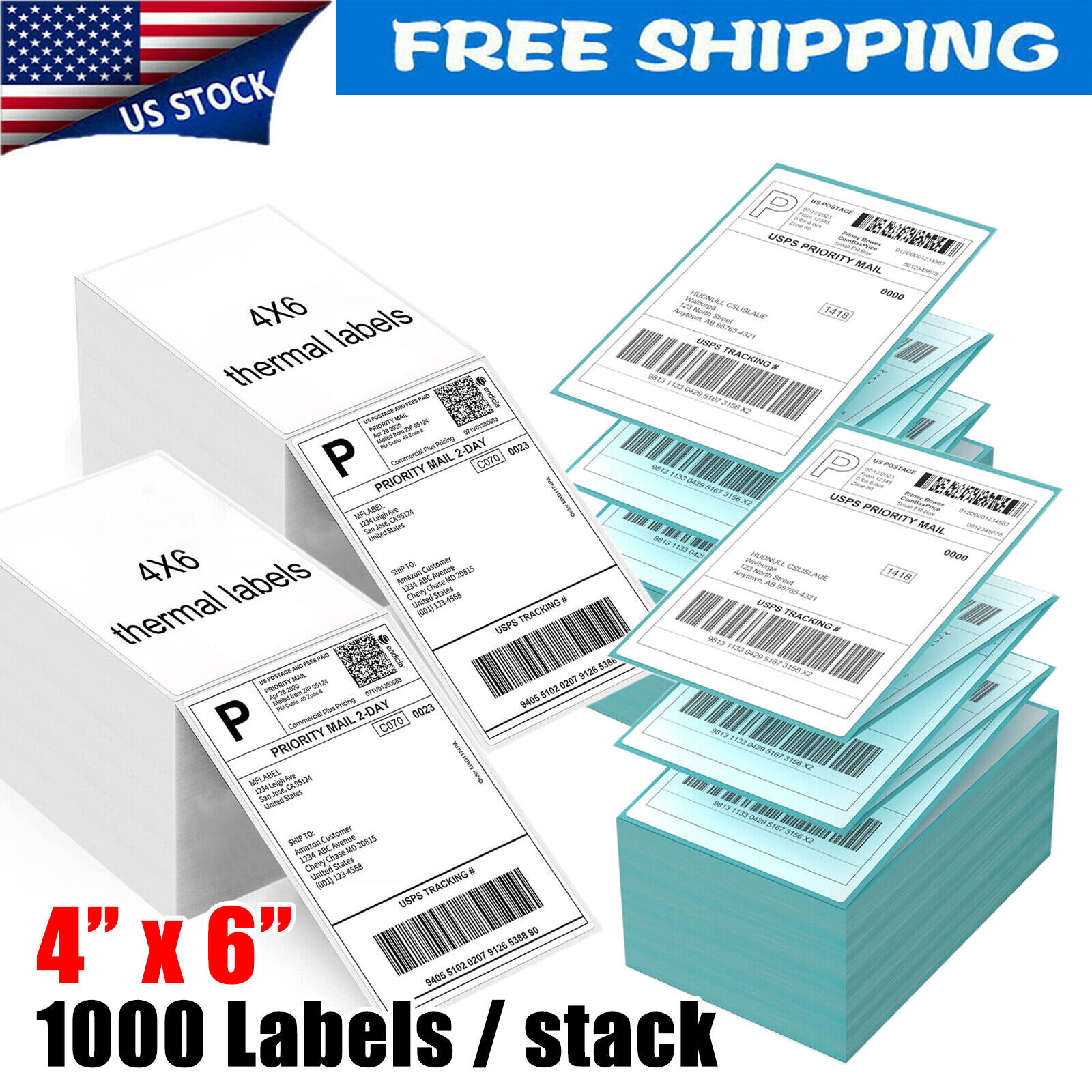 1000 4″ x 6″ Fanfold Direct Thermal Shipping Labels for Zebra & Rollo Printers