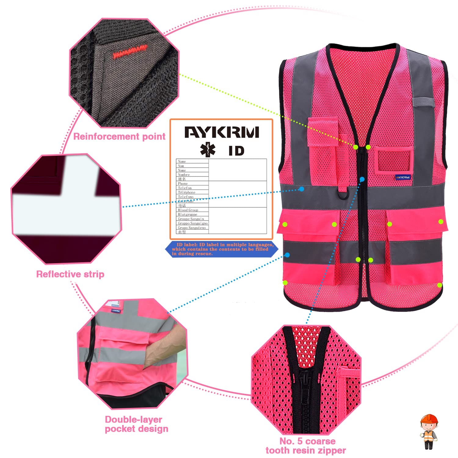 Xsmall Pink High Visibility Mesh Safety Reflective Vest With Pockets And Zipper