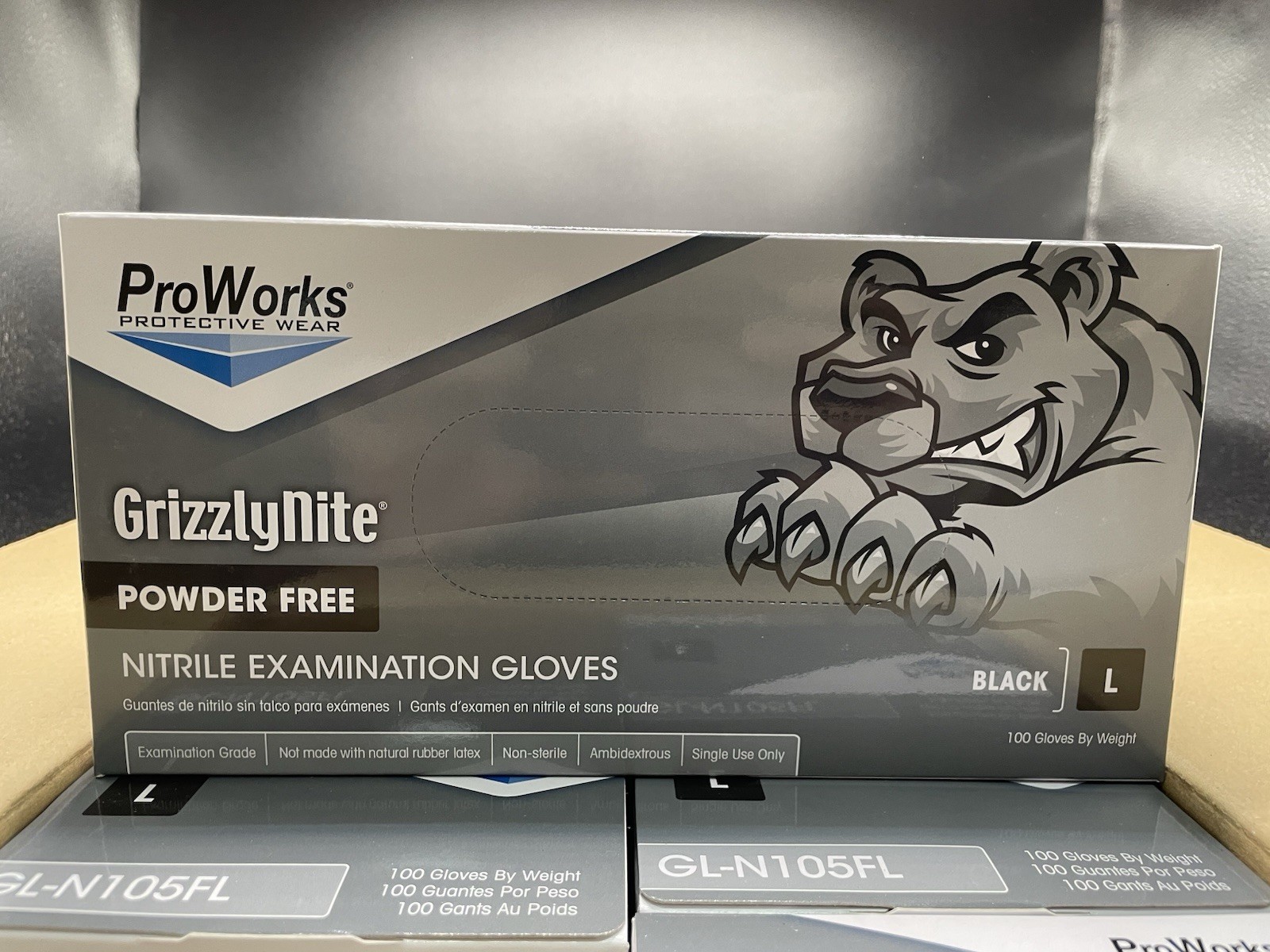 1 Case Of 10 Boxes ProWorks GL-N107FL Examination Gloves Black Nitrile L 100/box