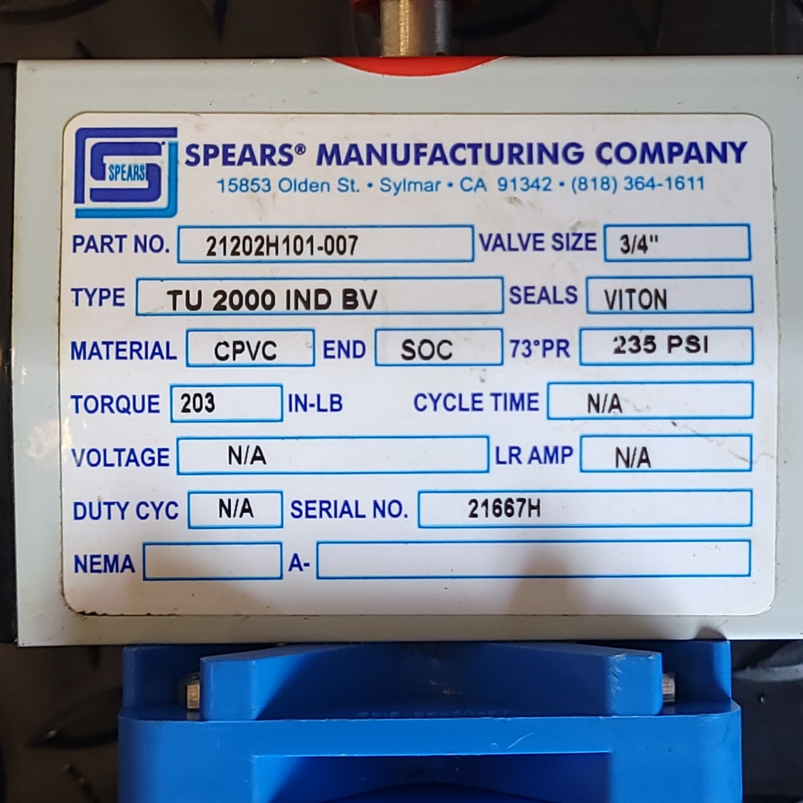 Spears – 21202H101-007 – True Union 2000 Premium Actuated Ball Valve – CPVC Body
