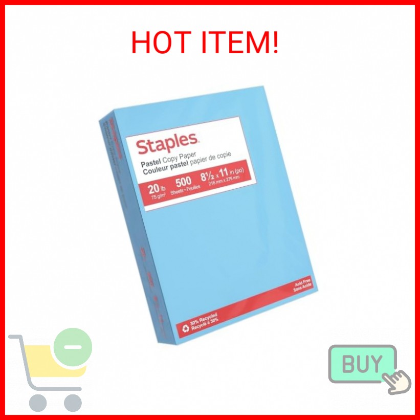 Staples Pastel 30% Recycled Color Copy Paper, 20 lbs., 8.5-inch x 11-inch, Blue,