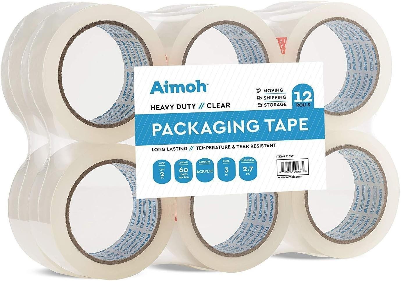 12 Rolls Heavy Duty Clear Packing Tape -Acrylic Adhesive- 2.7mil Super Strong…