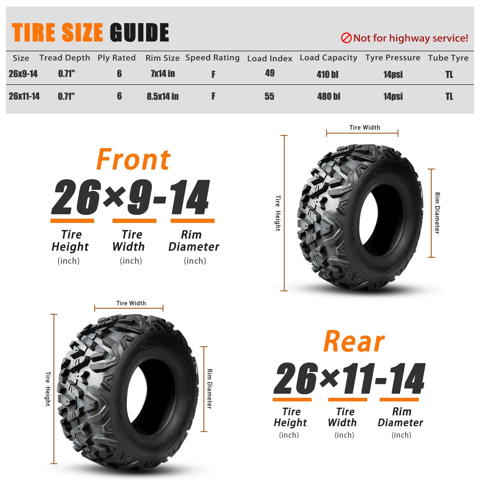 ATV UTV Tires 26×9-14 26×11-14 6-Ply All Terrain Tubeless Off-Road Set of 4