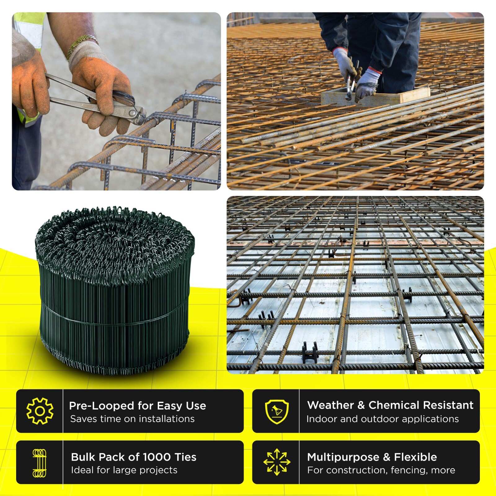 6 Inch x 1000pc GREEN PVC COATED Double Loop Rebar Wire Tie, 16 Gage, SIMBASTEEL