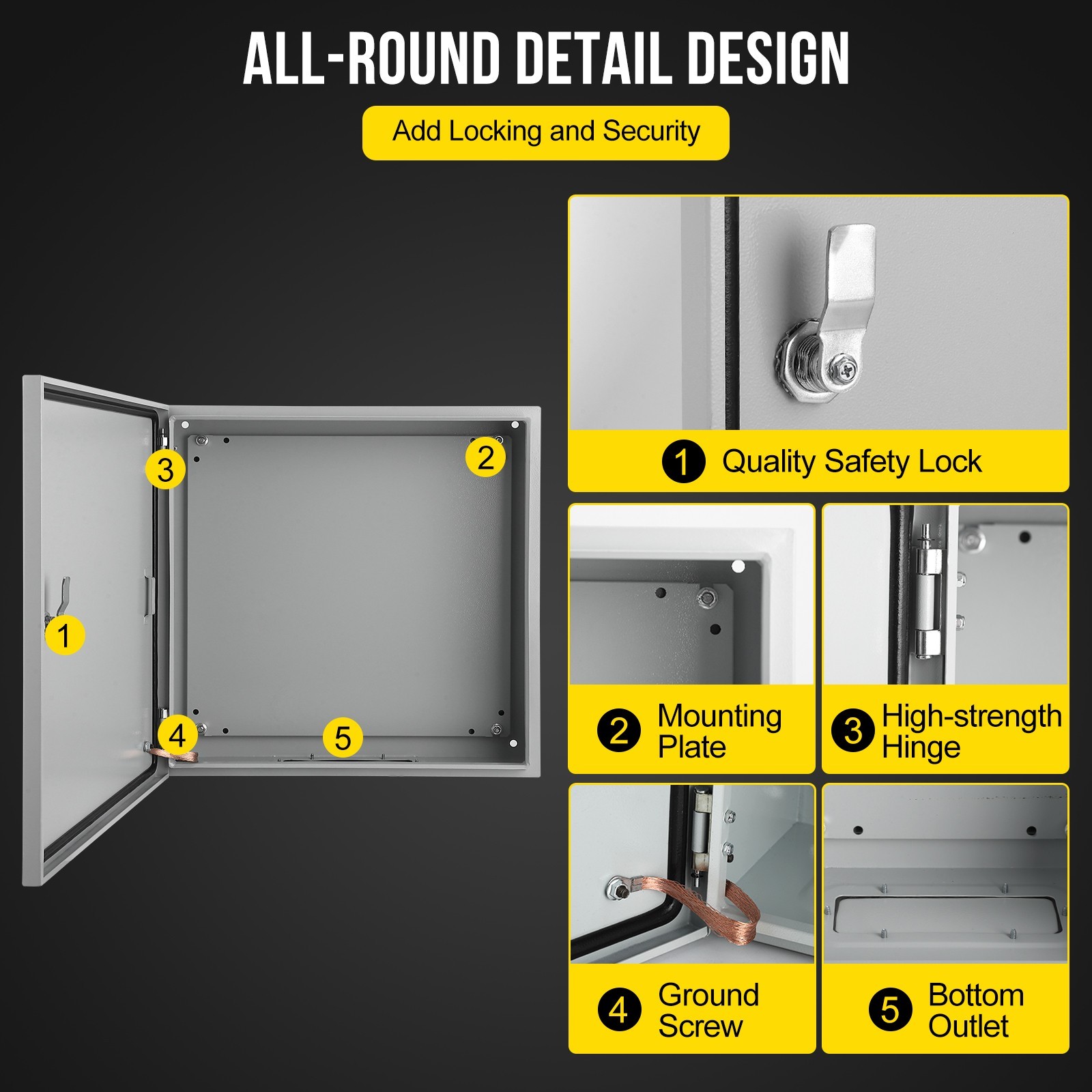 16″Lx20″Hx8″W, IP66 Steel Electrical Enclosure Box with Lock & Waterproof Seal