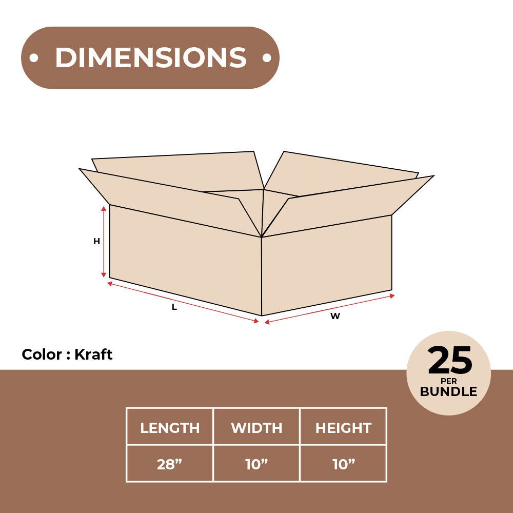 28 x 10 x 10″ Long Corrugated Boxes, ECT-32 Brown Shipping Boxes 25/Bundle