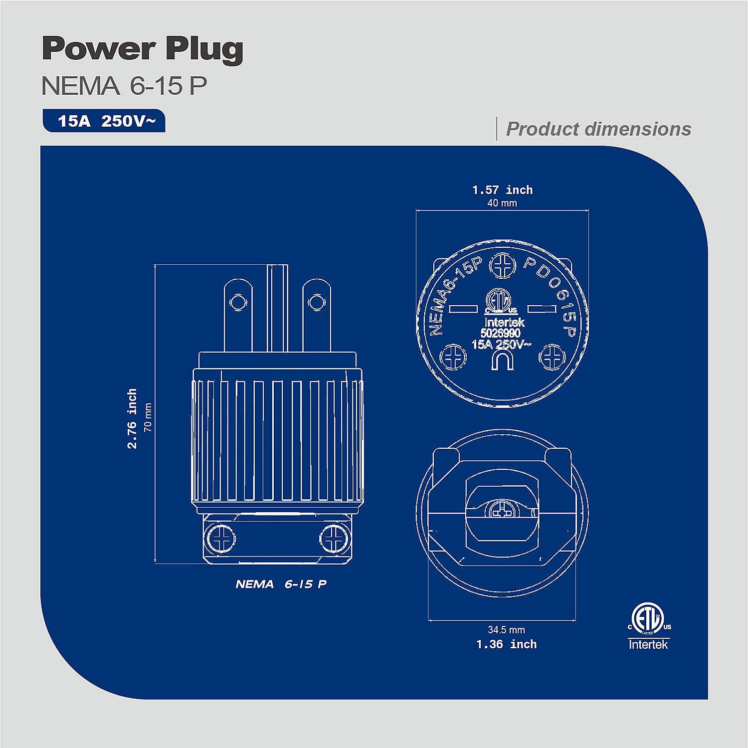 NEMA 6-15P Male Plug, ETL Listed 15AMP/250VOLT,15A Straight DIY Male, Usa/Canada