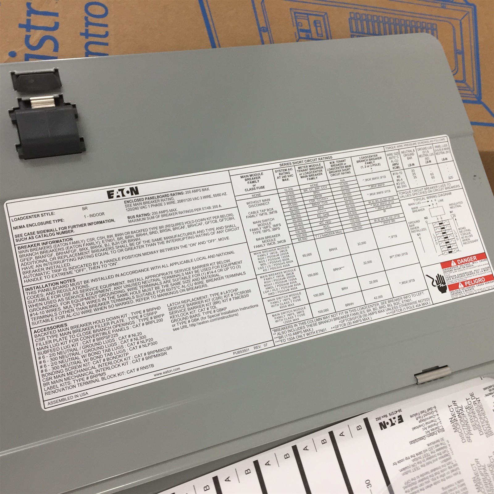 Eaton BRP30L200 Indoor Main Lug Loadcenter 200A 30SP 60C 1PH 3W 120/240V