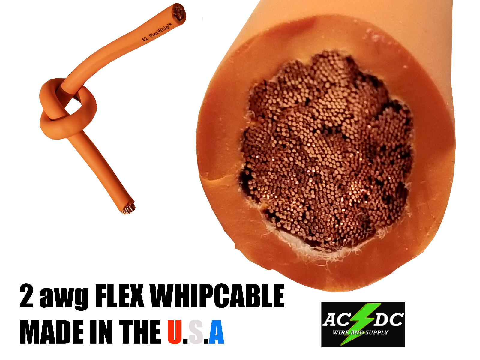 15′ #2 HIGHLY FLEXIBLE WELDING WHIP CABLE ORANGE 600V USA MADE EPDM COPPER AWG