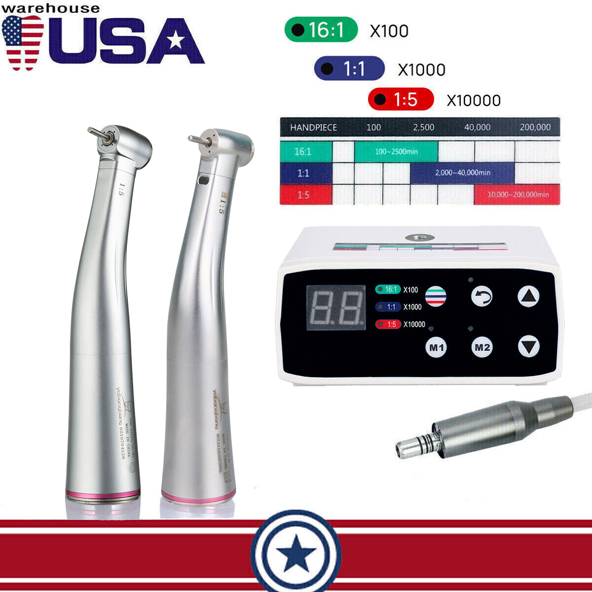 Dental Brushless LED Electric Micro Motor /1:5 Increasing Handpiece US