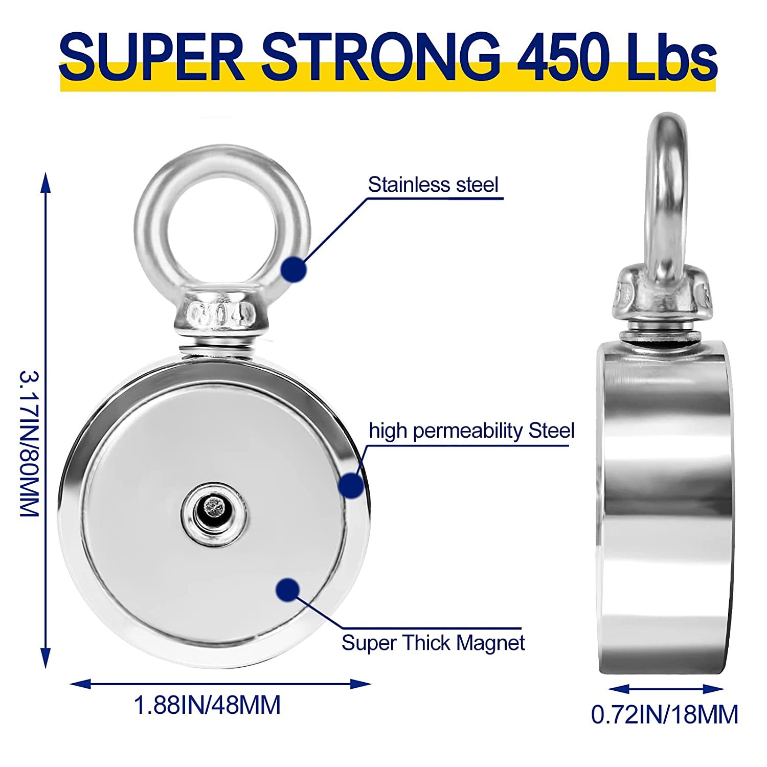 Up to 1500 Lbs Fishing Magnet Kit Pull Force Strong Neodymium + Carabiner+ Rope