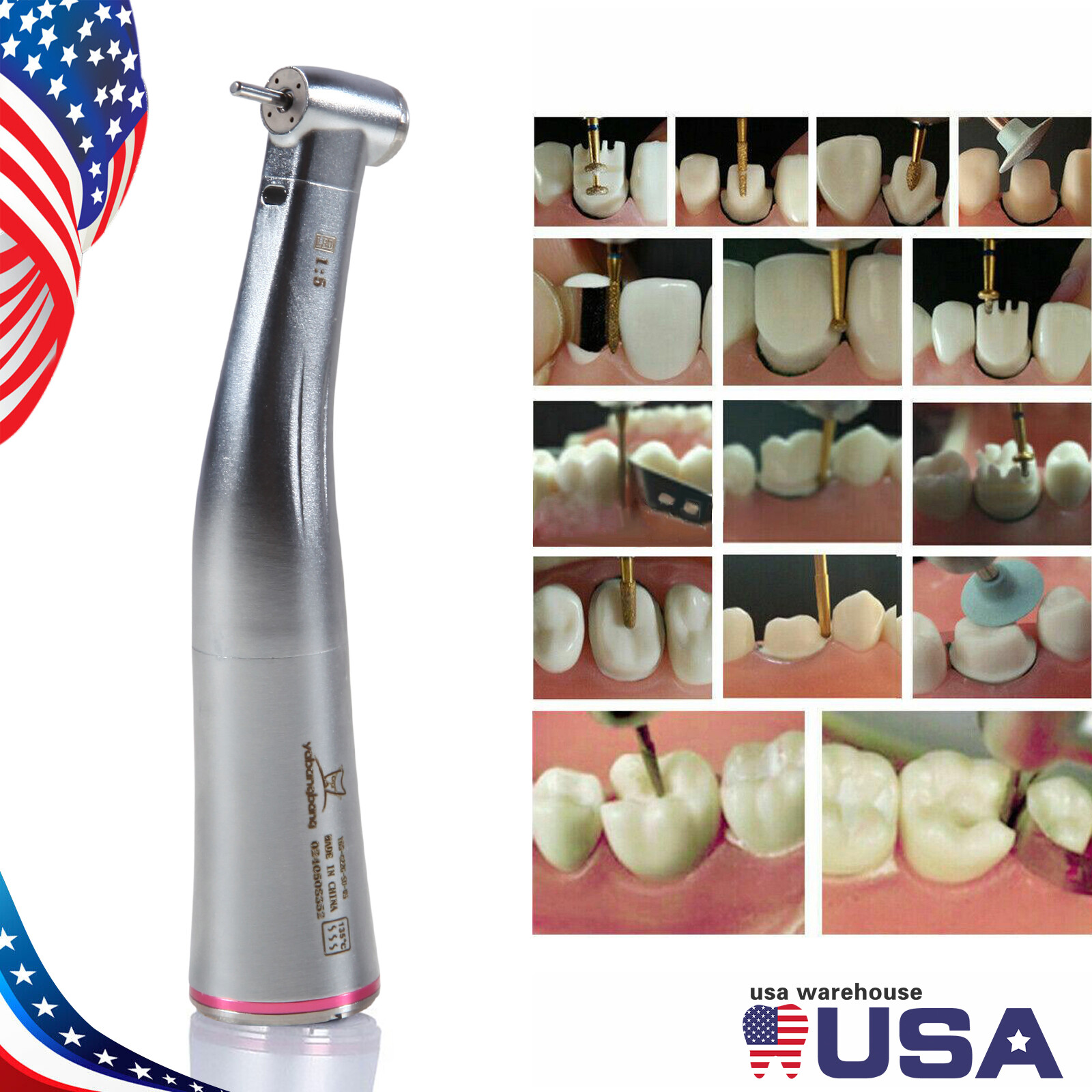 Dental 1:5 Increasing Fiber Optic LED Contra Angle Handpiece Fit NSK Electric DL