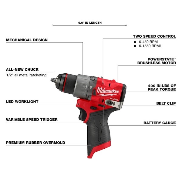 Milwaukee Tool 3404-20 M12 Fuel 1/2 In. Hammer Drill/Driver (Tool Only)