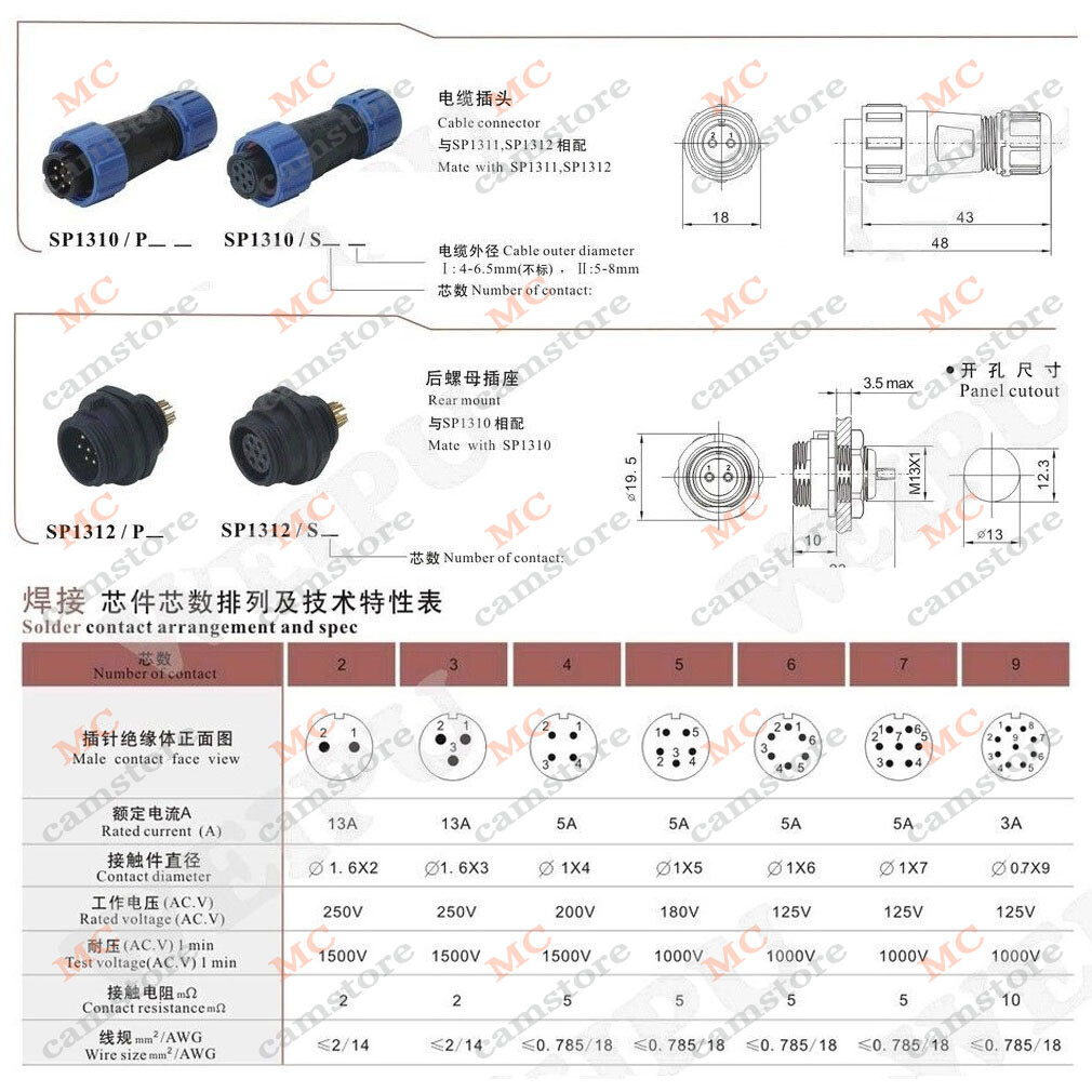 SP13 IP68 Waterproof 2 3 4 5 6 7 9 pin Plug and Socket Cable Connector Aviation